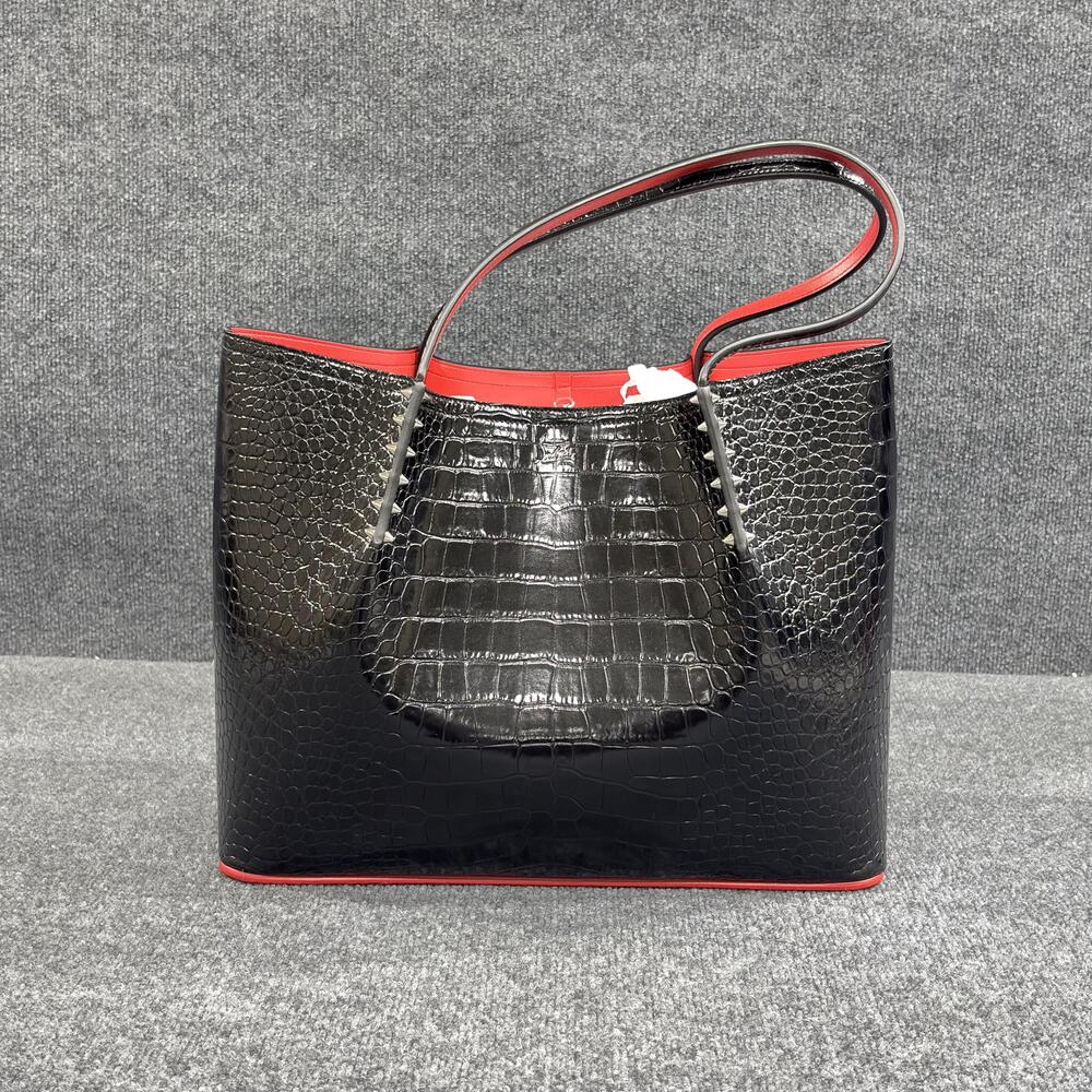 Christian Louboutin Tote Bag Womens Large Black Cabarock Leather Red Lined Spike